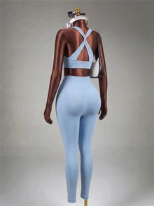 Mistrie Women Twist Back Cropped Tank Top And Sports Leggings Set Workout Women Sets - Baby Blue - View 4