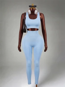 Mistrie Women Twist Back Cropped Tank Top And Sports Leggings Set Workout Women Sets - Baby Blue - View 5