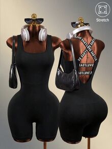 Mistrie Letter Print Strap Cross Back Sleeveless Slim-Fit Athletic Romper Sports - Black - View 1