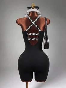Mistrie Letter Print Strap Cross Back Sleeveless Slim-Fit Athletic Romper Sports - Black - View 2
