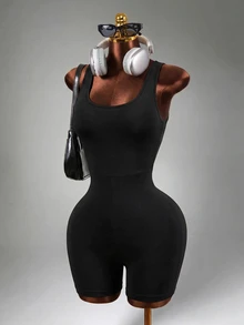 Mistrie Letter Print Strap Cross Back Sleeveless Slim-Fit Athletic Romper Sports - Black - View 5