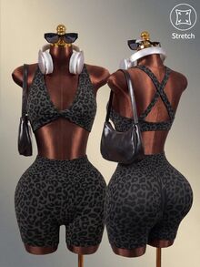 Mistrie 2pcs Leopard Print Twist-Knot Bra And Shorts Sports Set Workout Women Sets - Multicolor - View 1