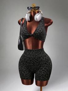 Mistrie 2pcs Leopard Print Twist-Knot Bra And Shorts Sports Set Workout Women Sets - Multicolor - View 5
