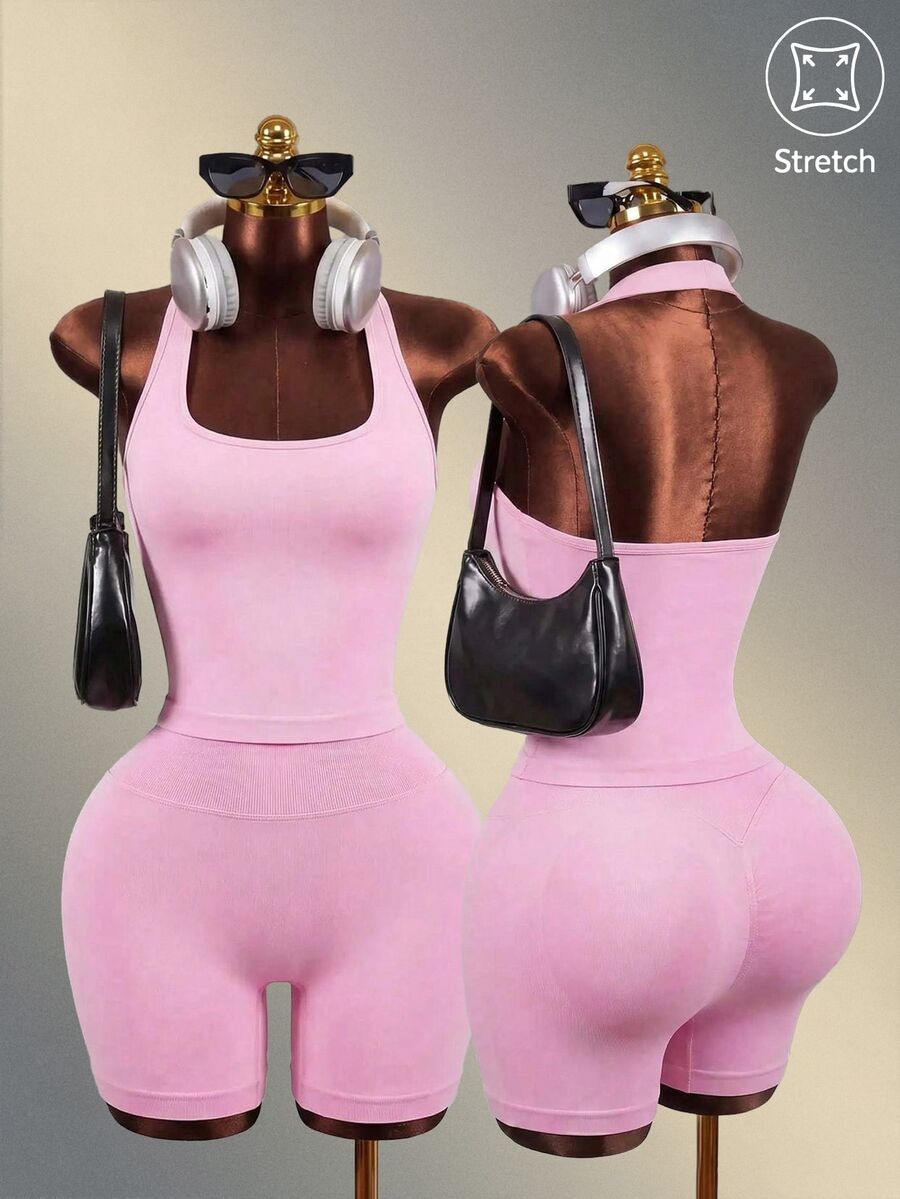 Mistrie Women's Halter Top And High Waist Shorts Yoga Workout Set Pink Set Halter Set Pink Top Sports - Pink - View 1