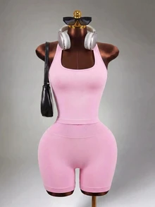 Mistrie Women's Halter Top And High Waist Shorts Yoga Workout Set Pink Set Halter Set Pink Top Sports - Pink - View 6