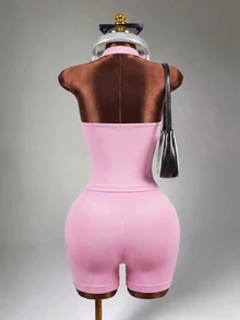 Mistrie Women's Halter Top And High Waist Shorts Yoga Workout Set Pink Set Halter Set Pink Top Sports - Pink - View 2