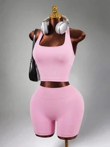 Mistrie Women's Halter Top And High Waist Shorts Yoga Workout Set Pink Set Halter Set Pink Top Sports - Pink - View 4