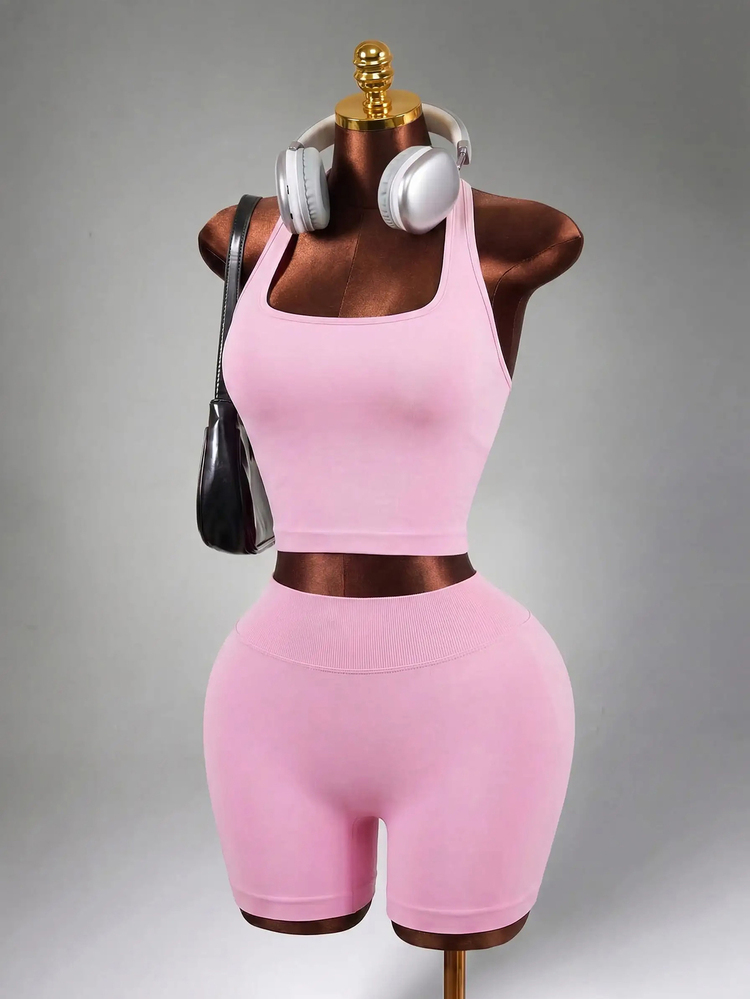 Mistrie Women's Halter Top And High Waist Shorts Yoga Workout Set Pink Set Halter Set Pink Top Sports - Pink - View 4