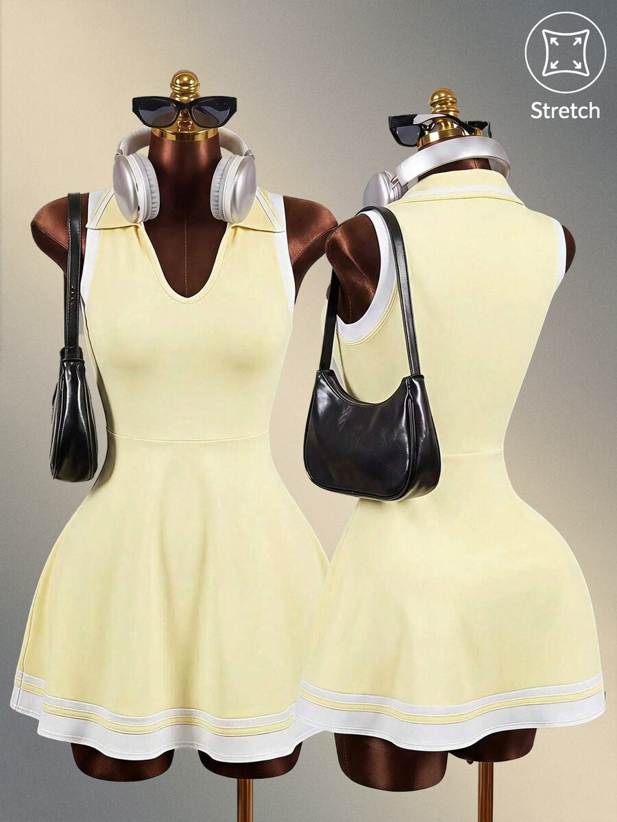 Mistrie Women's White And Yellow Golf Athletic Dress,Slim Fit Yoga Workout Running Summer Casual Dress Sports - Yellow - View 1