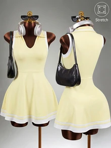 Mistrie Women's White And Yellow Golf Athletic Dress,Slim Fit Yoga Workout Running Summer Casual Dress Sports - Yellow - View 3