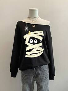SHEIN EZwear Casual Loose Off-Shoulder Printed Pattern Thick Sweatshirt - Black - View 5