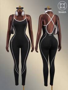 Mistrie Black & White Backless Camisole Seamless Active Jumpsuit Sports - Black and White - View 2