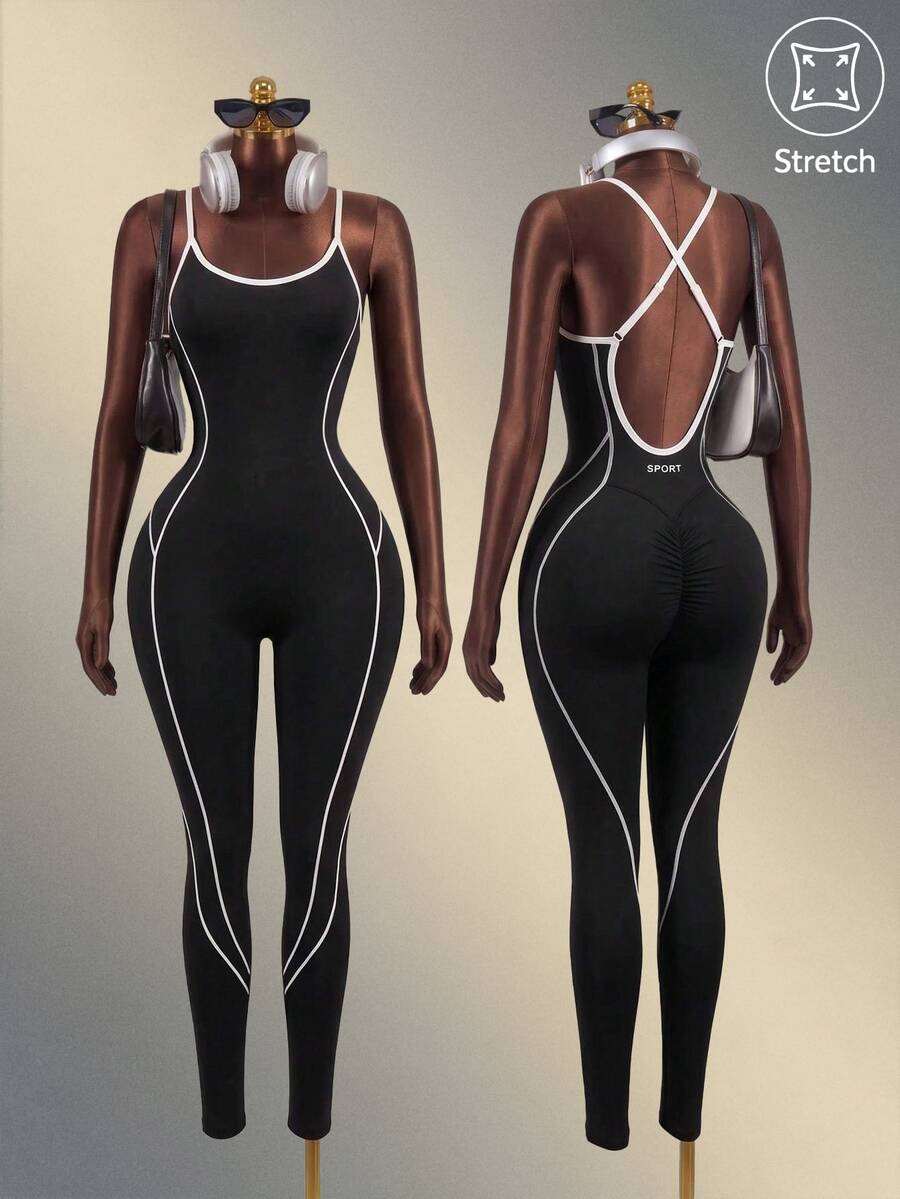 Mistrie Black & White Backless Camisole Seamless Active Jumpsuit Sports