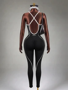 Mistrie Black & White Backless Camisole Seamless Active Jumpsuit Sports - Black and White - View 3