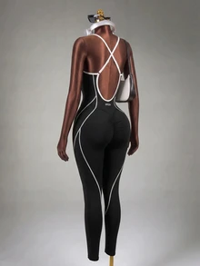 Mistrie Black & White Backless Camisole Seamless Active Jumpsuit Sports - Black and White - View 7