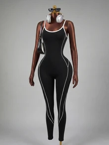 Mistrie Black & White Backless Camisole Seamless Active Jumpsuit Sports - Black and White - View 5