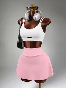 Mistrie Women's Solid Color Ruffle Hem Pocket Versatile Casual Outdoor Sports Skirt Pants - Pink - View 6
