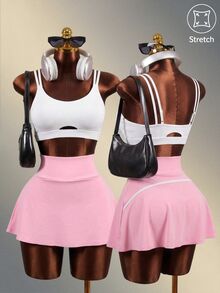 Mistrie Women's Solid Color Ruffle Hem Pocket Versatile Casual Outdoor Sports Skirt Pants - Pink - View 1