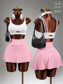 Mistrie Women's Solid Color Ruffle Hem Pocket Versatile Casual Outdoor Sports Skirt Pants - Pink - View 3