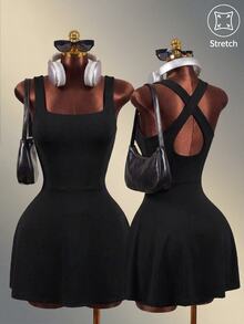 Mistrie Women's Solid Color Casual Cross-Back Sports Dress - Black - View 1