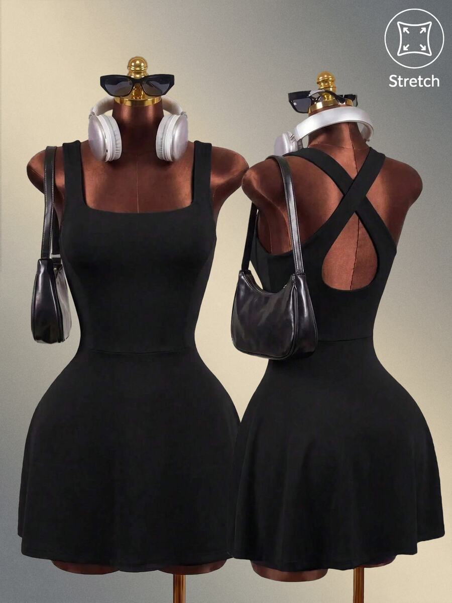 Mistrie Women's Solid Color Casual Cross-Back Sports Dress - Black - View 1