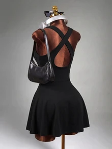 Mistrie Women's Solid Color Casual Cross-Back Sports Dress - Black - View 5