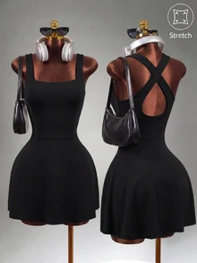 Mistrie Women's Solid Color Casual Cross-Back Sports Dress - Black - View 3