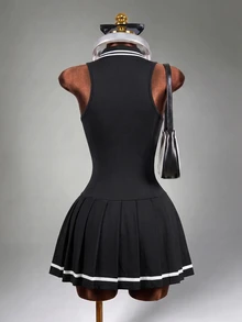 Mistrie Women's Striped Pleated Hem Daily Fitness Sleeveless Sports Dress Athletic Dress - Black - View 2