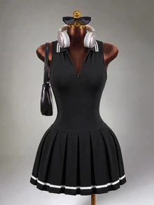 Mistrie Women's Striped Pleated Hem Daily Fitness Sleeveless Sports Dress Athletic Dress - Black - View 5
