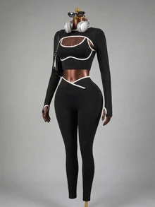 Mistrie 3pcs Women Seamless Ribbed Sports Set, Long Sleeve Shawl Collar Top, Contrast Color Tank, High Waist Tight Leggings Athletic Active Gym Three Pieces Set Workout Legging Tights Three Pieces Set Women Gym Set - Black - View 5