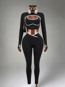 Mistrie 3pcs Women Seamless Ribbed Sports Set, Long Sleeve Shawl Collar Top, Contrast Color Tank, High Waist Tight Leggings Athletic Active Gym Three Pieces Set Workout Legging Tights Three Pieces Set Women Gym Set - Black - View 6
