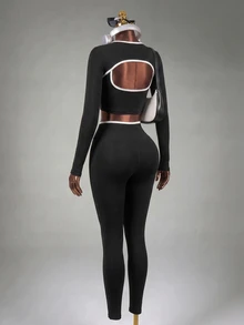 Mistrie 3pcs Women Seamless Ribbed Sports Set, Long Sleeve Shawl Collar Top, Contrast Color Tank, High Waist Tight Leggings Athletic Active Gym Three Pieces Set Workout Legging Tights Three Pieces Set Women Gym Set - Black - View 7