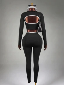 Mistrie 3pcs Women Seamless Ribbed Sports Set, Long Sleeve Shawl Collar Top, Contrast Color Tank, High Waist Tight Leggings Athletic Active Gym Three Pieces Set Workout Legging Tights Three Pieces Set Women Gym Set - Black - View 3