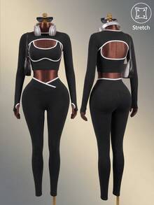 Mistrie 3pcs Women Seamless Ribbed Sports Set, Long Sleeve Shawl Collar Top, Contrast Color Tank, High Waist Tight Leggings Athletic Active Gym Three Pieces Set Workout Legging Tights Three Pieces Set Women Gym Set - Black - View 2