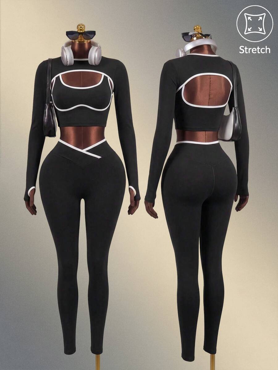Mistrie 3pcs Women Seamless Ribbed Sports Set, Long Sleeve Shawl Collar Top, Contrast Color Tank, High Waist Tight Leggings Athletic Active Gym Three Pieces Set Workout Legging Tights Three Pieces Set Women Gym Set