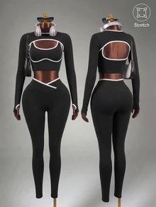 Mistrie 3pcs Women Seamless Ribbed Sports Set, Long Sleeve Shawl Collar Top, Contrast Color Tank, High Waist Tight Leggings Athletic Active Gym Three Pieces Set Workout Legging Tights Three Pieces Set Women Gym Set - Black - View 4