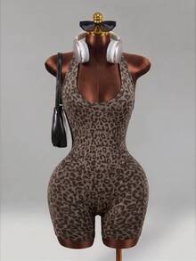 Mistrie Leopard Print Casual Outdoor Seamless Jumpsuit For Women Brown Bodysuit Sports - Coffee Brown - View 5