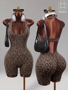 Mistrie Leopard Print Casual Outdoor Seamless Jumpsuit For Women Brown Bodysuit Sports - Coffee Brown - View 3