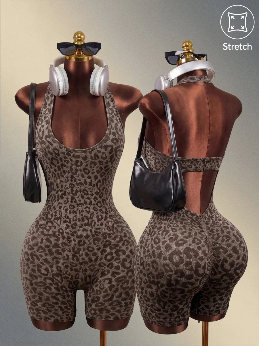 Mistrie Leopard Print Casual Outdoor Seamless Jumpsuit For Women Brown Bodysuit Sports - Coffee Brown - View 1