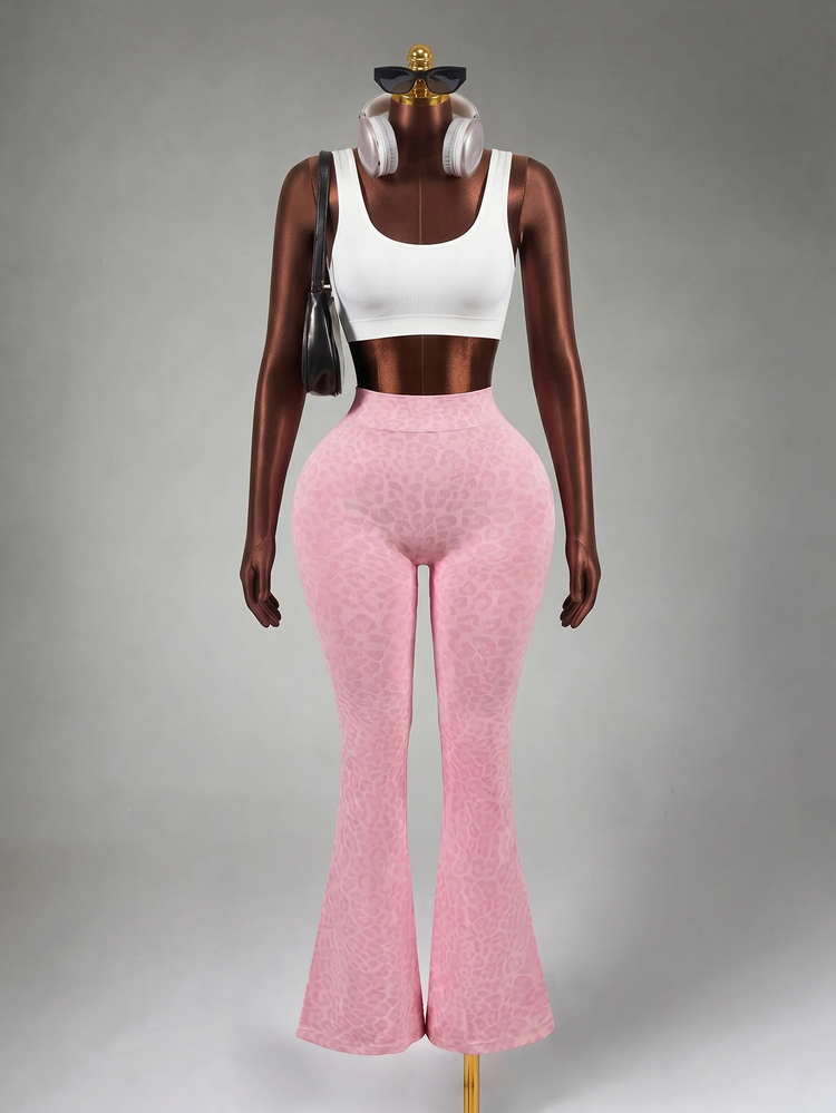 Mistrie Women's High Stretch Gym Yoga Pants, Wide Leg Leopard Print Sports Trousers - Pink - View 4