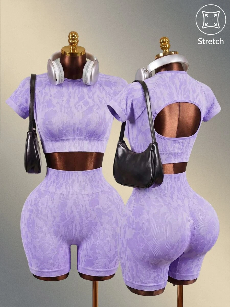 Mistrie Seamless Leopard Print Backless Sleeveless T-Shirt And Shorts Sports Suit For Women - Purple - View 1