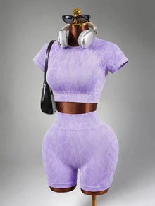 Mistrie Seamless Leopard Print Backless Sleeveless T-Shirt And Shorts Sports Suit For Women - Purple - View 5