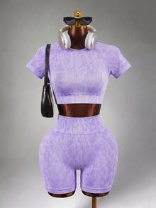 Mistrie Seamless Leopard Print Backless Sleeveless T-Shirt And Shorts Sports Suit For Women - Purple - View 4