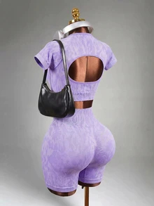 Mistrie Seamless Leopard Print Backless Sleeveless T-Shirt And Shorts Sports Suit For Women - Purple - View 6