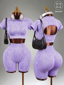 Mistrie Seamless Leopard Print Backless Sleeveless T-Shirt And Shorts Sports Suit For Women - Purple - View 3