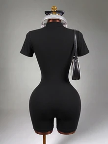 Mistrie Half Zip Ribbed Knit Sports Romper - Black - View 2