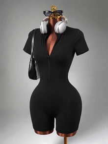 Mistrie Half Zip Ribbed Knit Sports Romper - Black - View 4