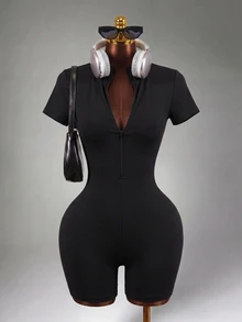 Mistrie Half Zip Ribbed Knit Sports Romper - Black - View 6