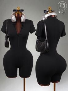 Mistrie Half Zip Ribbed Knit Sports Romper - Black - View 3