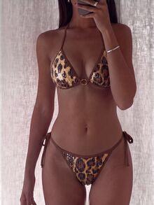 SHEIN Swim Set Bikini Halter Seksi Berbahan Payet untuk Wanita, Cocok untuk Pesta Liburan di Pantai - Coklat - View 7